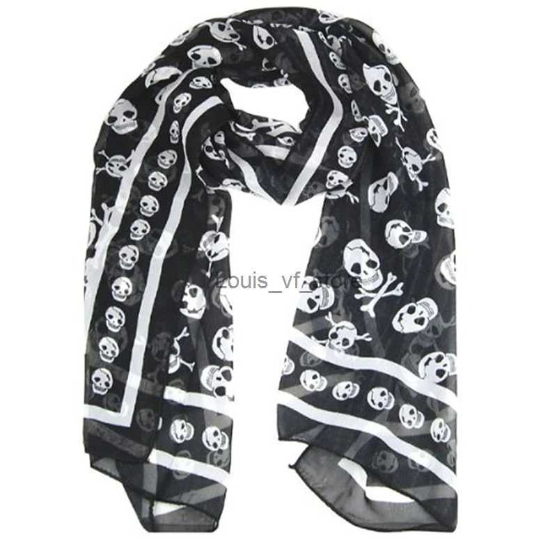 Scarves Black chiffon silk feels like a skull print fashionable long scarf shawl scaffolding bag for women+keyring H240613