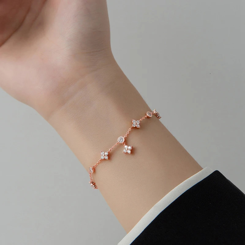 Anziw Silver 925 Four Leaf Clover Bracelet Certified D Color Bracelets Gold Plated Charm for Women Lucky Jewelry Gift 240613