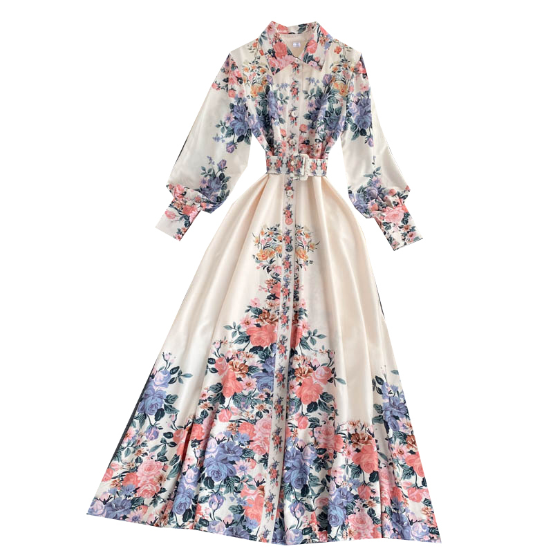 Spring Female Loose Casual Turn Down Collar Single Breasted Long Sleeve Panelled Floral A-line Dress With Belt 8Y652 210423