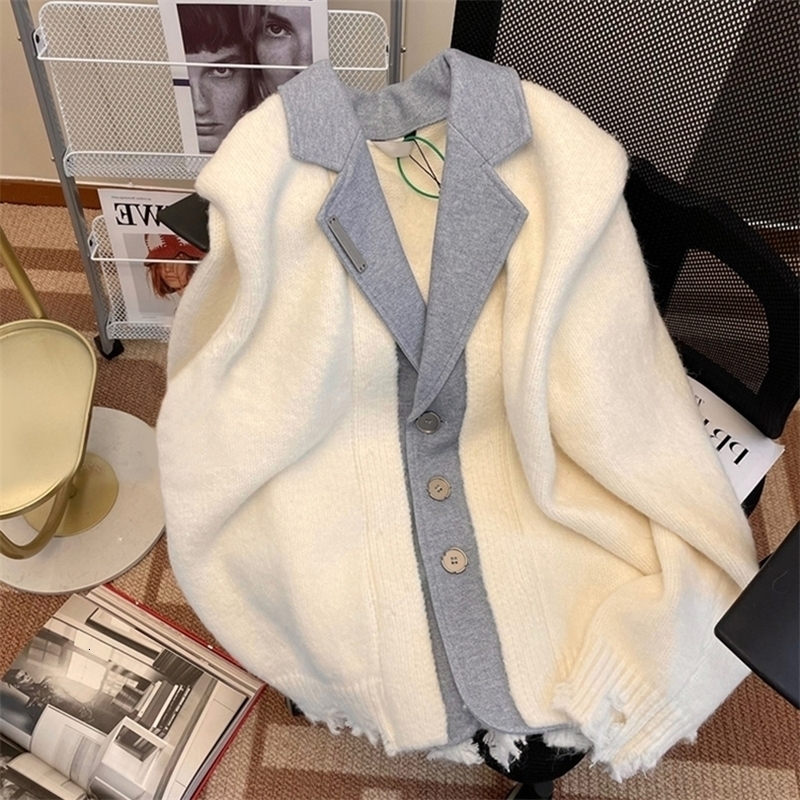 Ivory Outerwear Winter Womens Clothing Fashion Lazy Wind Vintage V Neck Contrasting Colors Splicing Knitting Long Sleeves Tops 220817