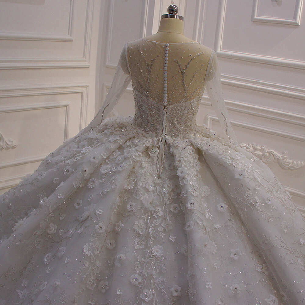 AM552 White Ball Gown Dress Shiny Lace wers O-Neck Full Sleeves special Gowns With Long Train As Photos