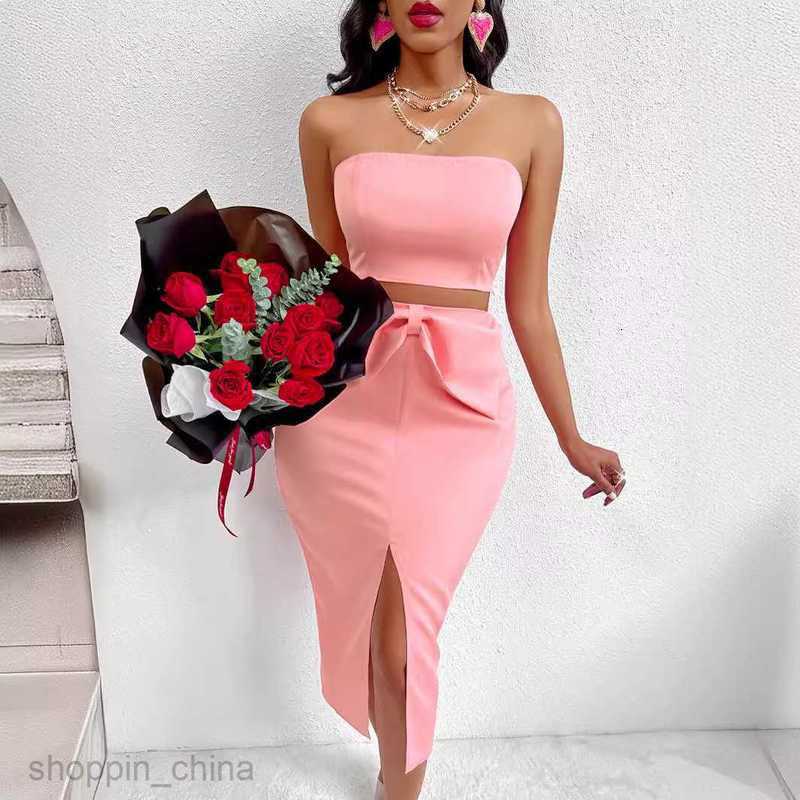 Two Piece Dress Sets New women's summer strapless casual top bow skirt set
