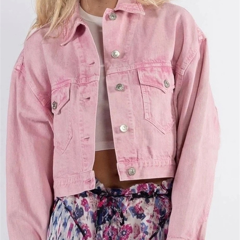 Womens Jackets Womens Pink Short Denim Jacket Single Breasted Long Sleeve Autumn Female TurnDown Collar Coat with Pockets 220901