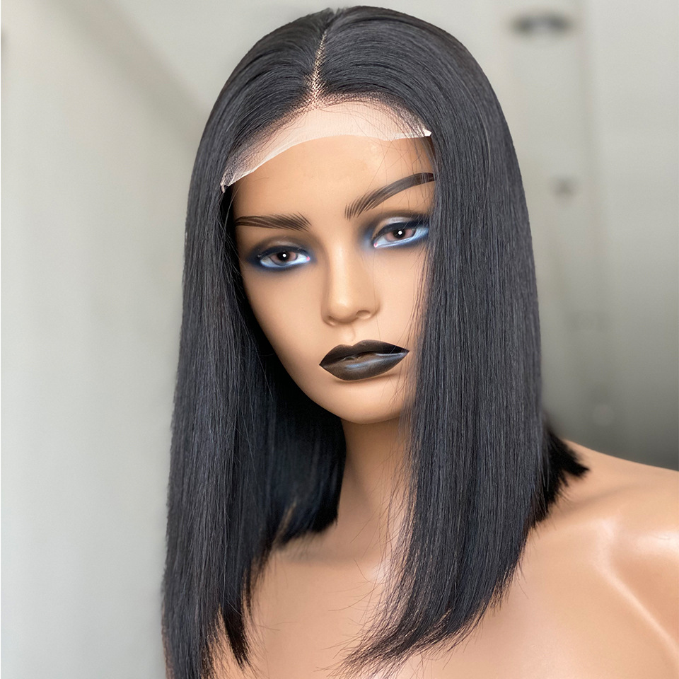180 Density Bone Straight Bob Human Hair Wigs 13x4 Top Swiss Lace Glueless Wig Natural Black Smooth Straight Wig