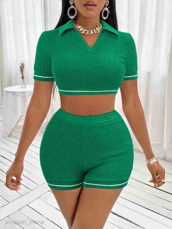Women's Tracksuits Trendy women's summer lapel splicing ribbed short women's casual set Sets