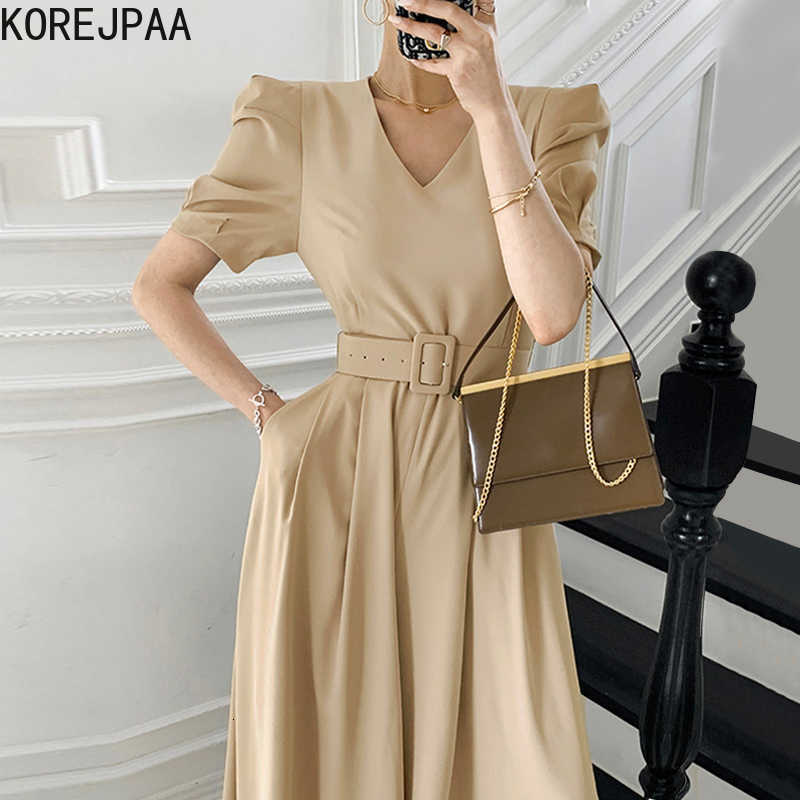Korejpaa Women Jumpsuits Summer Korean Chic Elegant Temperament V-Neck Tie Waist Slimming Puff Sleeve Wide-Leg Trousers 210526