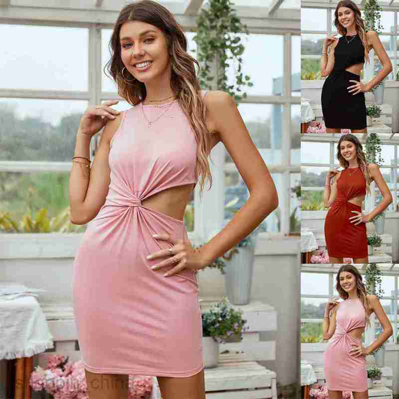 Basic Casual Women Dresses Women's Sexy Hollow out Twisted Round Neck Pullover Sleeveless Tank Top Dress Wrapped Hip Short Skirt
