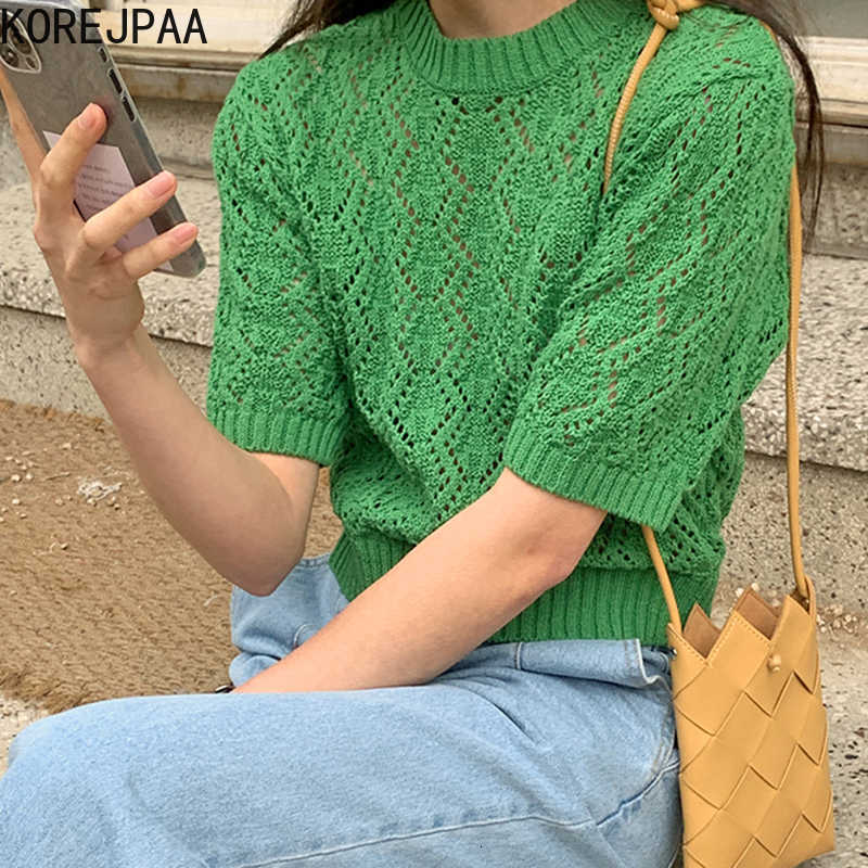 Korejpaa Women T-Shirt Summer Korean Chic Girl Western Style All-Match Round Neck Hollow Thin Puff Sleeve Knitted Pullovers 210526