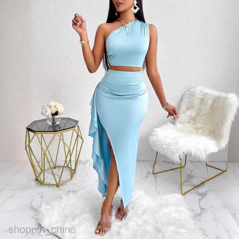 Two Piece Dress Sets Summer New Sexy Style Women's Solid Color One Shoulder Top Ruffle Edge Half skirt Set