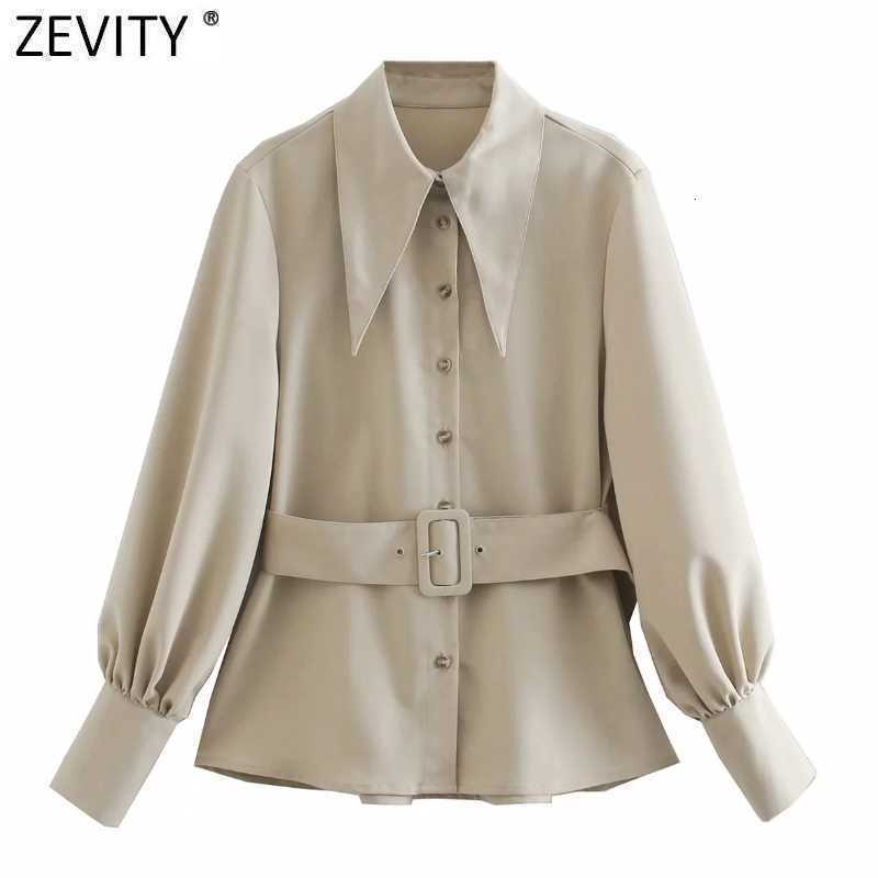 Zevity Women Safari Style Lantern Sleeve Breasted Smock Blouse Office Lady Buckle Sashes Pleat Shirt Chic Blusas Tops LS7406 210603