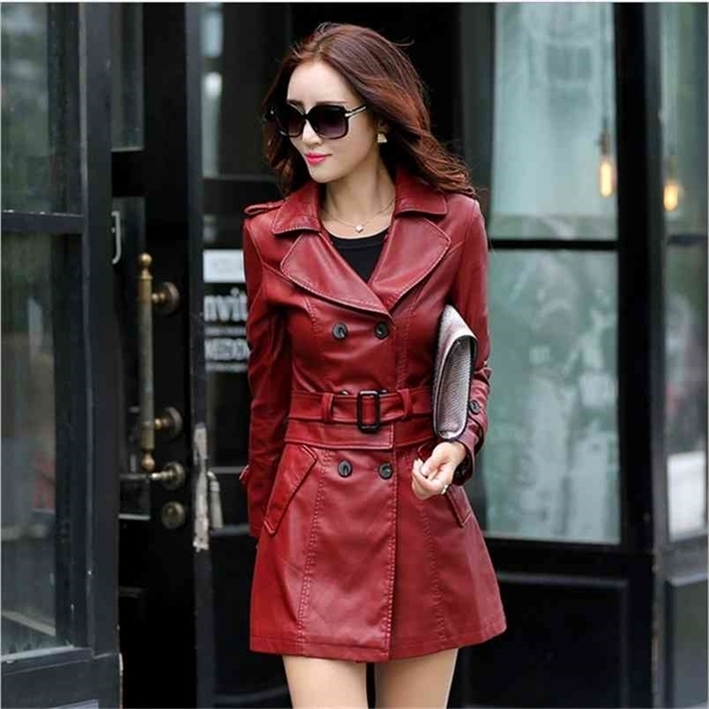 Autumn Women Long Leather Jacket Slim Oversize Bow Belt Motorcycle PU Coat Female Trench 210923