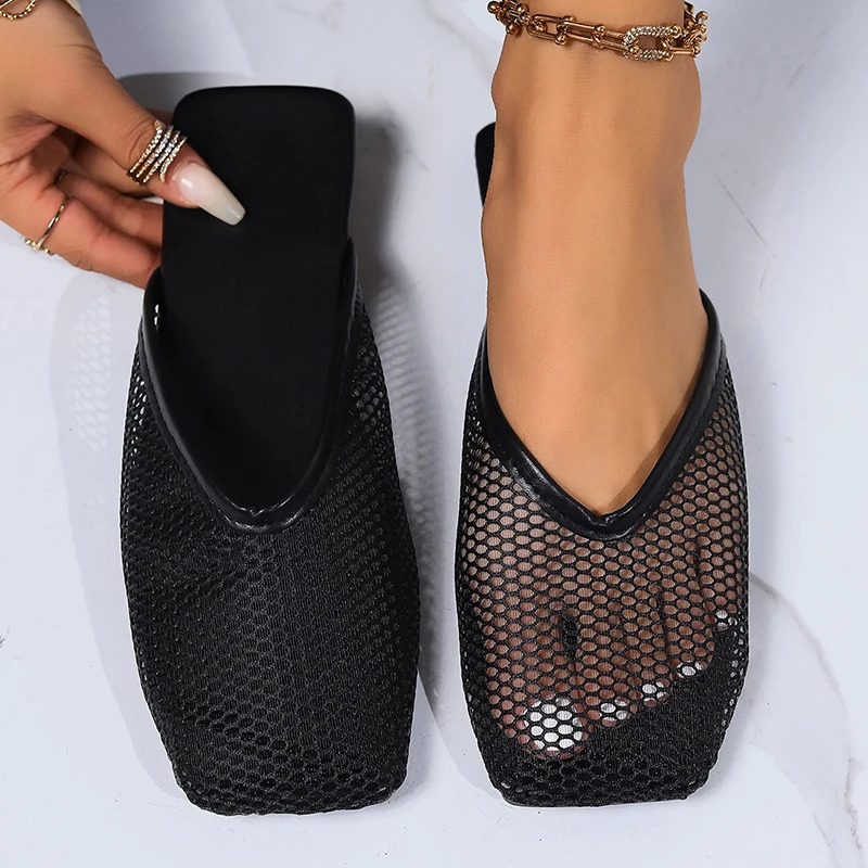 Designer Summer Mesh Sandals Women's Low Heel Slippers Outdoor Sandals Korean Sexy Elegant Fashion Square Toe Slippers