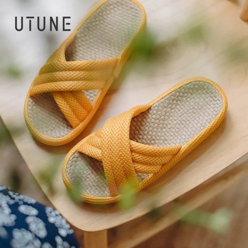 UTUNE Linen Womens Slippers Outdoor Summer Silent Lightweight Vacation Travel Comfortable Shoes Anti slip Flat Thick Sole Household Slippers 240612
