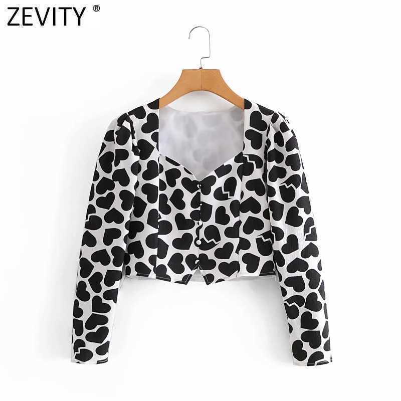 ZEVITY Women French Style Hearts Print Short Blouse Shirt Women Breasted Chic Office Femininas Blusas Crop Slim Tops LS9305 210603