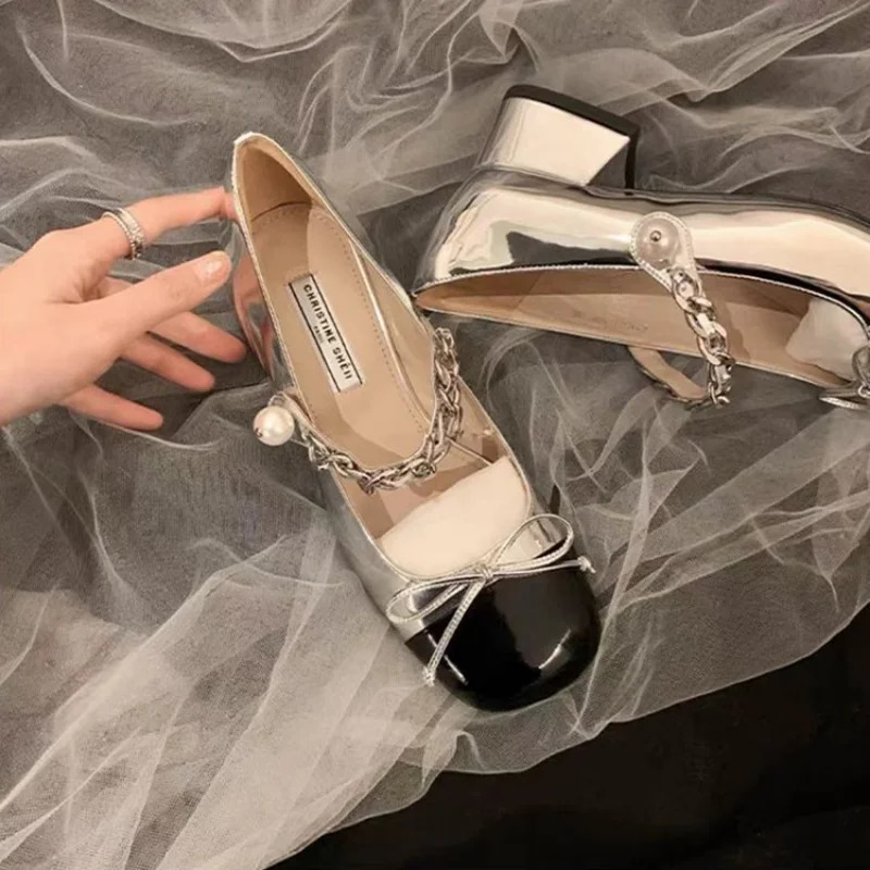 Womens Shoes Mary Jane Womens High Heel Retro Dress Pump Womens Chain Pearl Bow Square High Heel Shoes Womens Shoes 240614