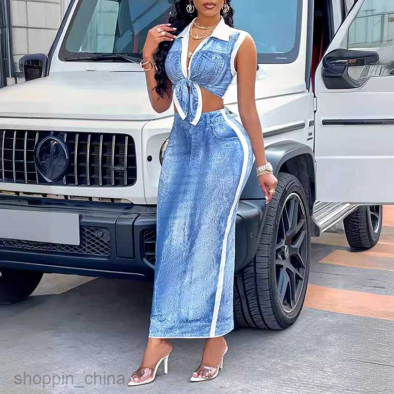 Women's Tracksuits Independently designed and developed sexy women's clothing new summer lapel tie denim print set Sets