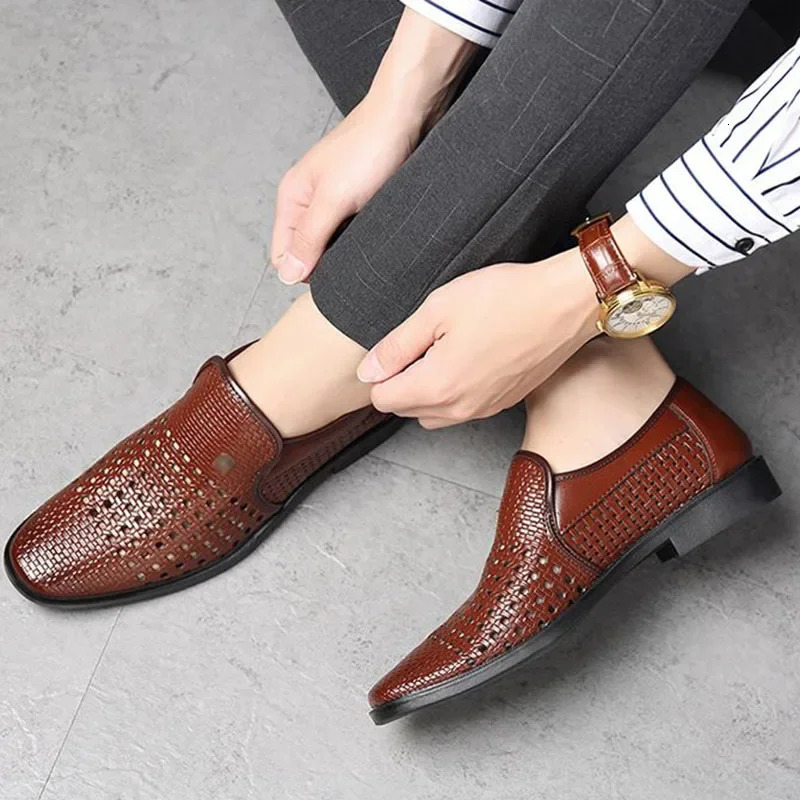 Summer Sandals Mens Leather Shoes Casual Soft Sole Breathable Business Leather Sandals Low Heel Hollow Dress Sandals 240612