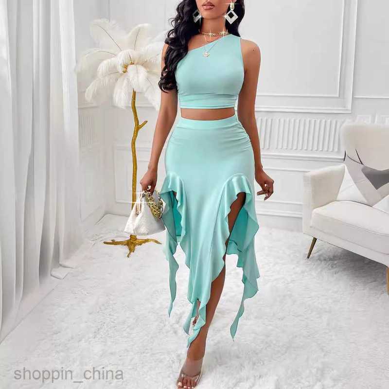Two Piece Dress Sets Summer fashion is not trendy, women's clothing 24 years old solid color single shoulder wooden ear hem set skirt