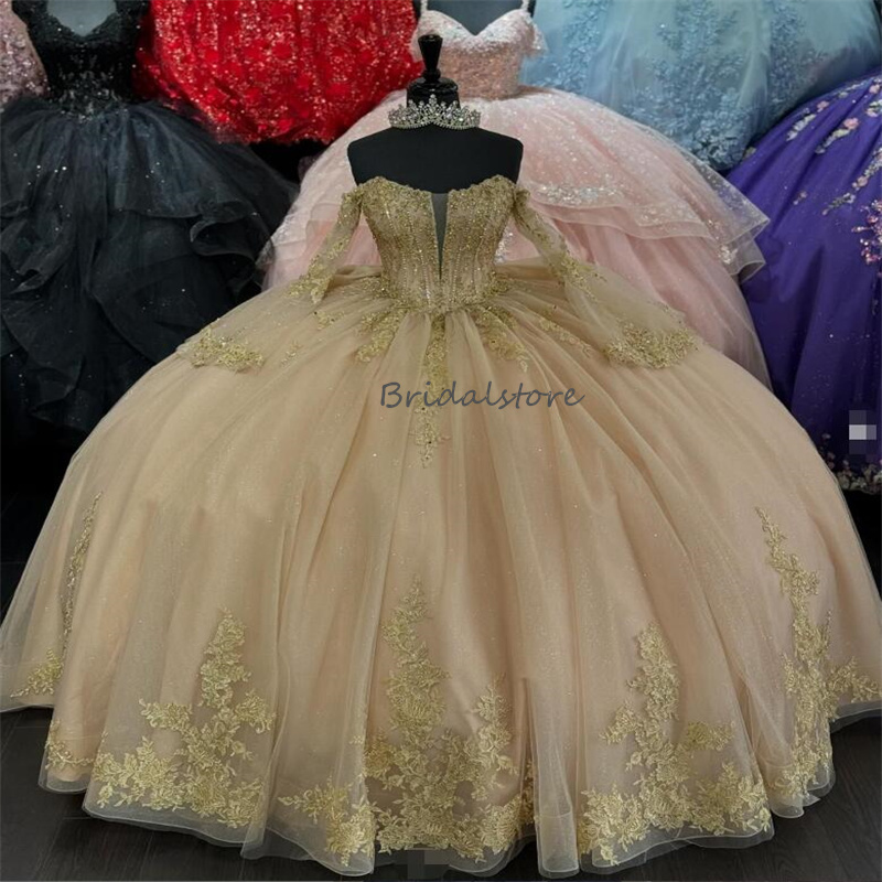 Puffy Gold Quinceanera Dresses 2024 Vestidos De 15 Quinceanera Masquerade Sixteen Birthday Party Dress Vestido De Xv Debutante Flare Sleeves Lace Page