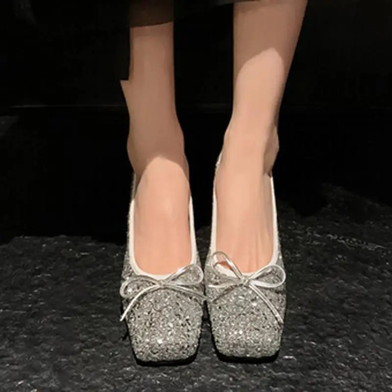 2024 Fashion Sequins Small perfume Light Mouth Round Head Single Shoes Version Single Pedal Bow Low Heel Ballet Single Shoes 240612