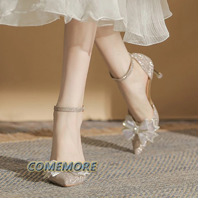 Elegant Silver High Heel Pump Womens 2024 Autumn Plus Size 42 Ankle Shoulder Strap Party Shoes Womens Pointed Toe Butterfly Wedding Gift Shoes 240614