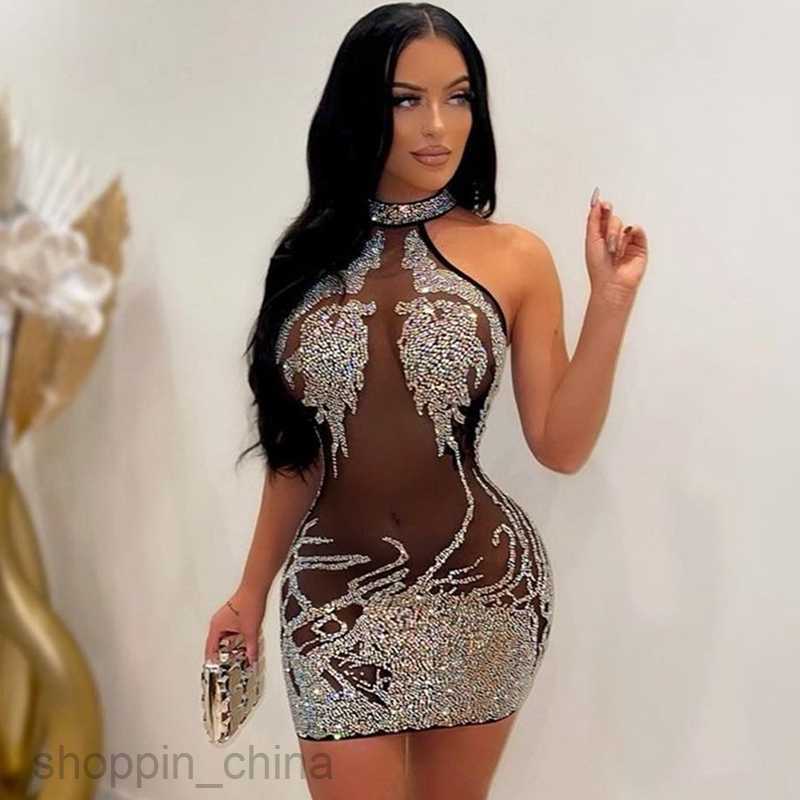 Casual Dresses Mesh Sheer See Through Sexy Party Dress for Women Party Club Night Mini Bodycon Dress Luxury Rhinestone Sparkly Birthday Dress T230210