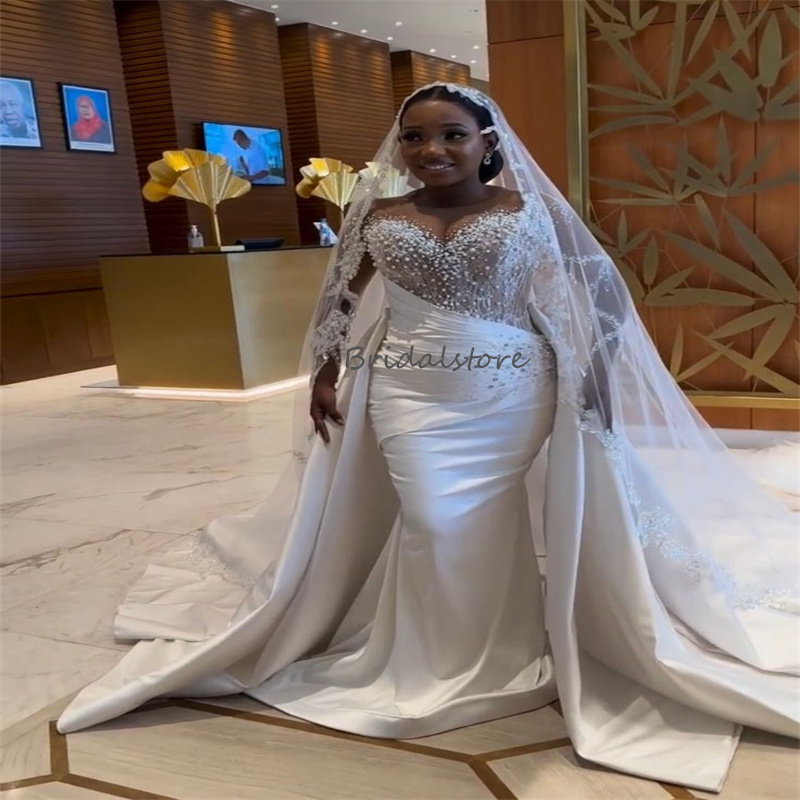 Luxury African Mermaid Wedding Dresses With Detachable Train 2 In 1 Soft Satin Plus Size Black Women Country Bridal Gowns Elegant Church Pearls Bride 