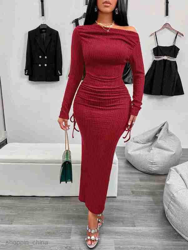 Basic Casual Women Dresses Spring and summer casual sexy style slanted shoulder long sleeved dress for women's clothing winter buttocks wrapped s