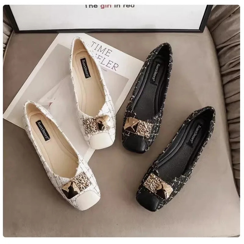 Small perfume Style Single Shoes Womens Flat Shoes 2024 Summer and Autumn Square Soft Sole Bean Shoes Fat Foot Wide Size 41-45 240614