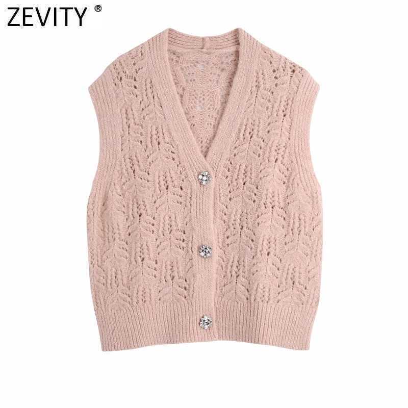 Zevity Women Fashion V Neck Hollow Out Crochet Knitting Sweater Ladies Sleeveless Diamond Button Vest Cardigans Chic Tops SW842 210603