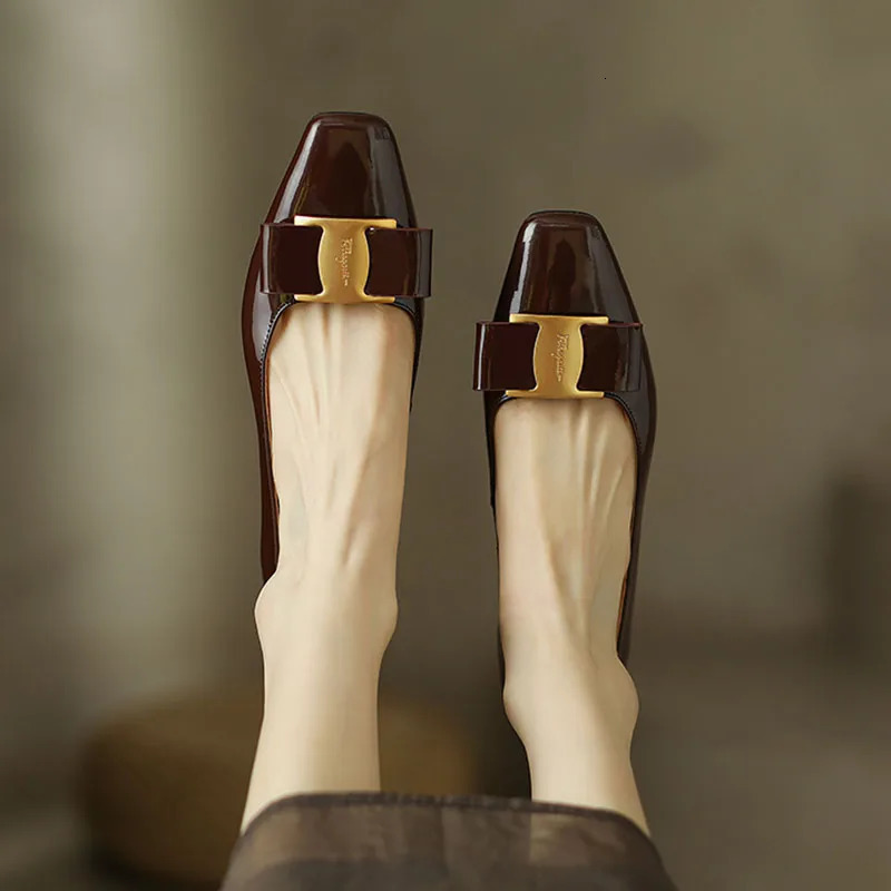 Womens Apartment Elegant Dress Shoes Patent Leather Slippers Square Toe Office Womens Shoes Bow Zapatillas Mujer 9919N 240612