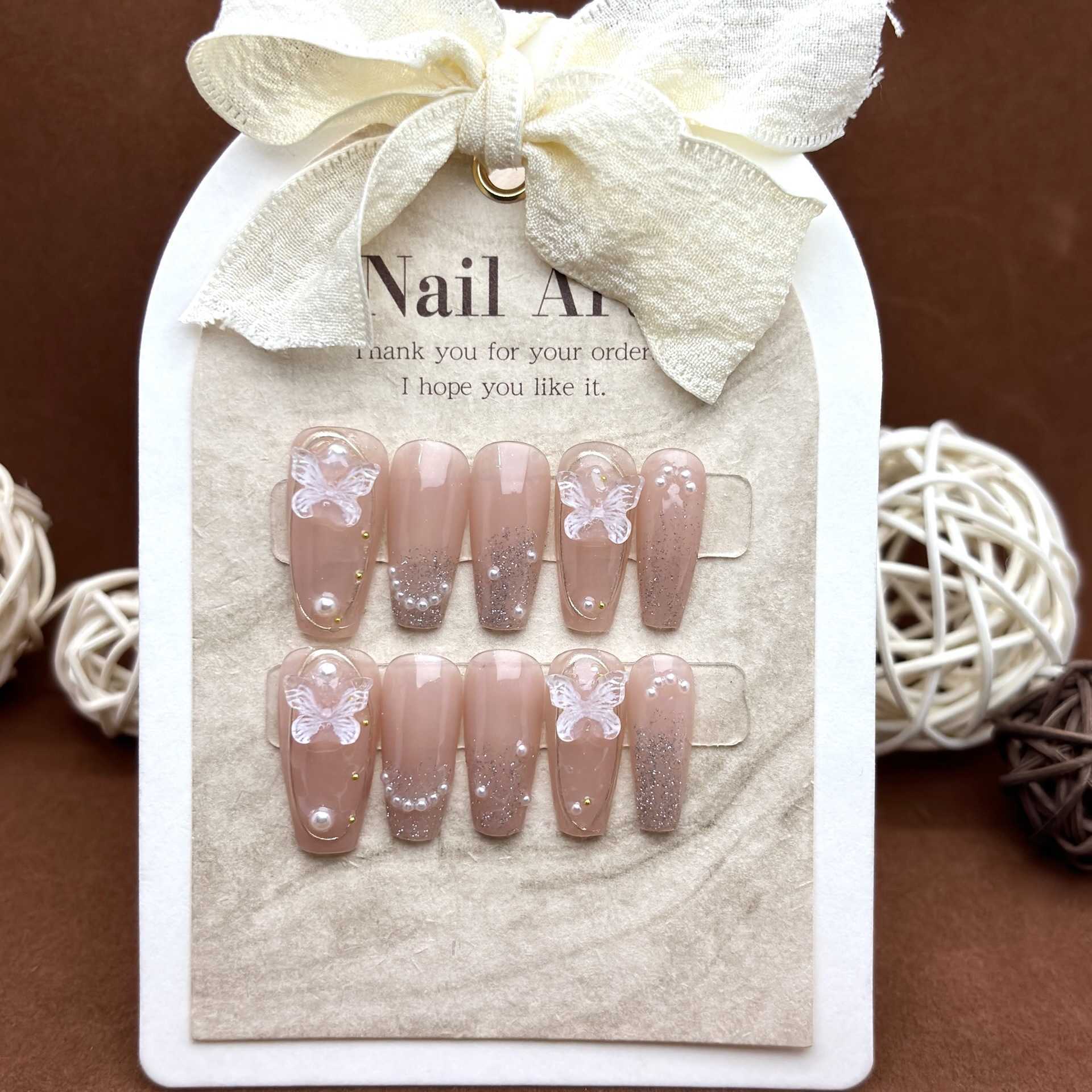 Girls False Nails Fairy Bow Handmade Wearable Nail Mesh Red Charm Showcase White Mid length Wearable Nail Panel 240530