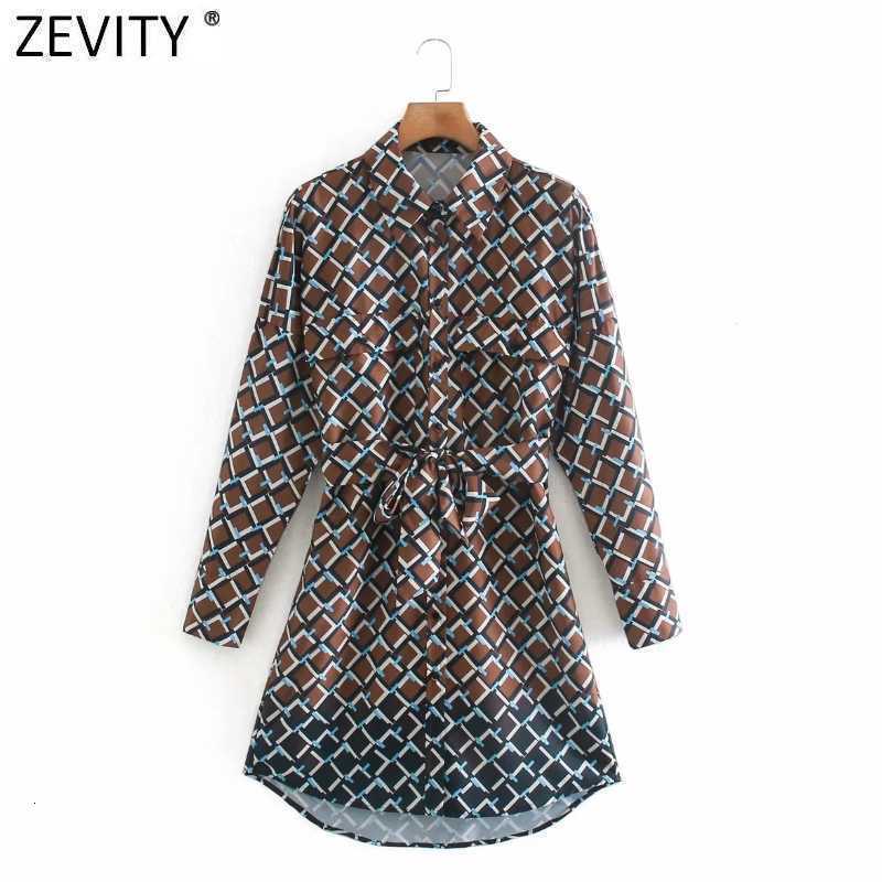 Zevity Women Vintage Contrast Color Geometric Print Breasted Shirt Mini Dress Ladies Pocket Patch Chic Sashes Vestido DS4762 210603