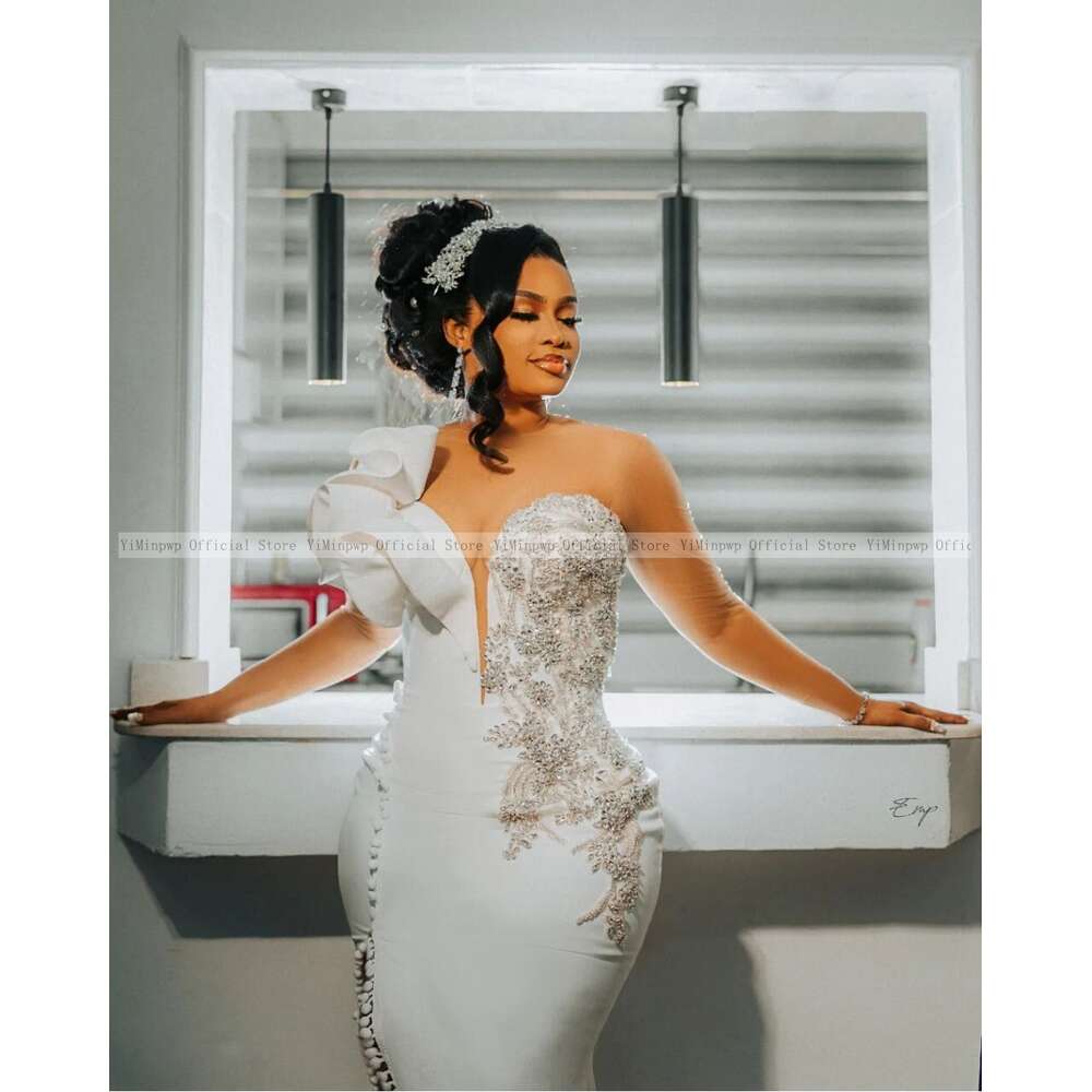 Nigeria Rhinestone Mermaid Dresses for Bride Sheer Neck Long Sleeve Side Split Ruffles Button Wedding Reception Gowns