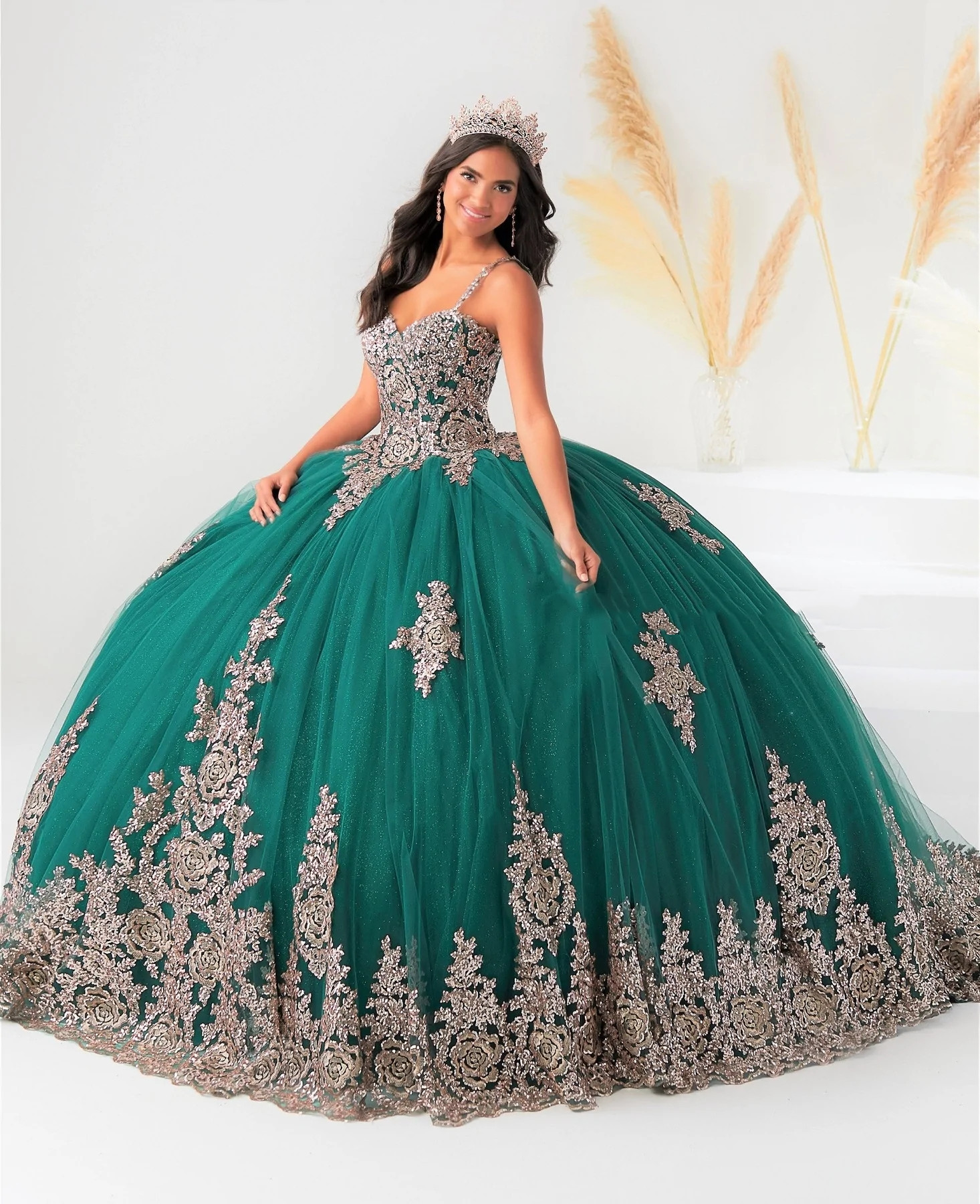 Teal Mexican Quinceanera Dresses Ball Gown Spaghetti Straps Appliques Sparkly Puffy Charro Sweet 16 Dresses 15 Anos