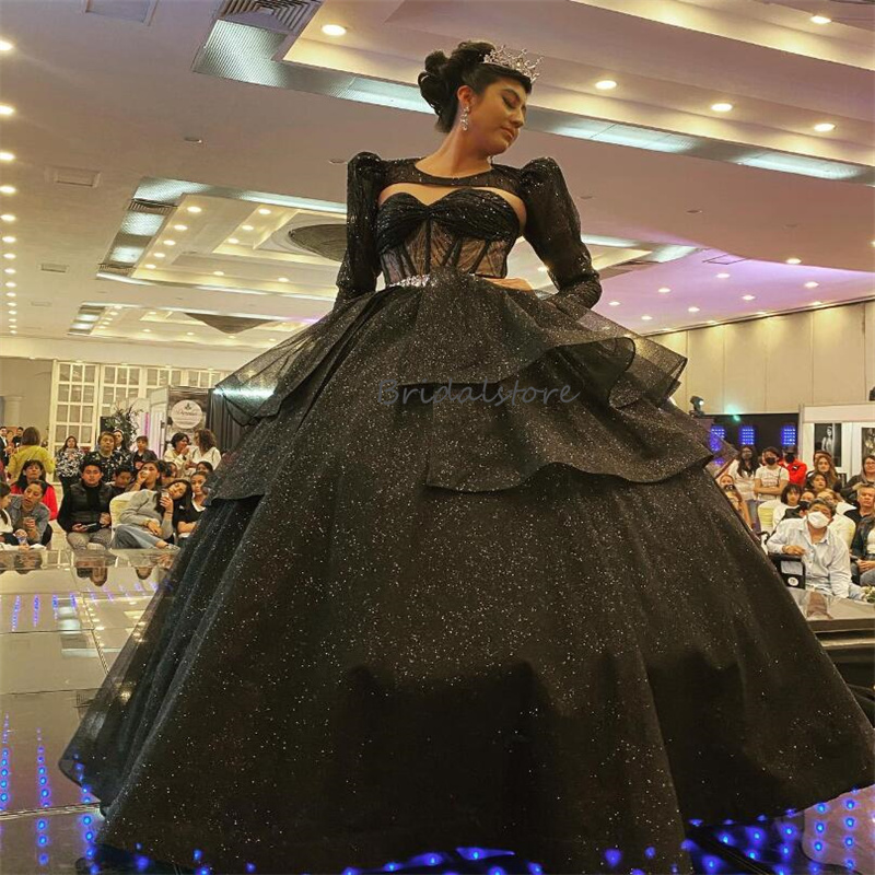 Sparkly Black Quinceanera Dresses Charro 2024 Princess Long Sleeve Sequin Pageant Dress Mexican Style Vestidos De 15 Anos xv Lujo Sixteen Birthday Par