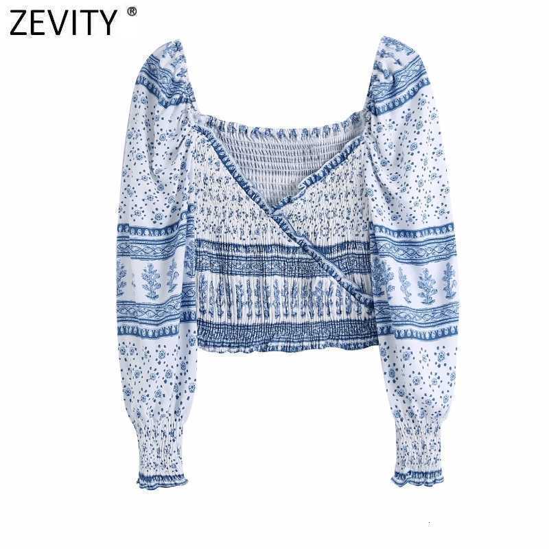 Zevity Women Vintage V Neck Patchwork Floral Print Short Shirts Female Elastic Pleated Slim Blouse Chic Ruffles Crop Tops LS9346 210603
