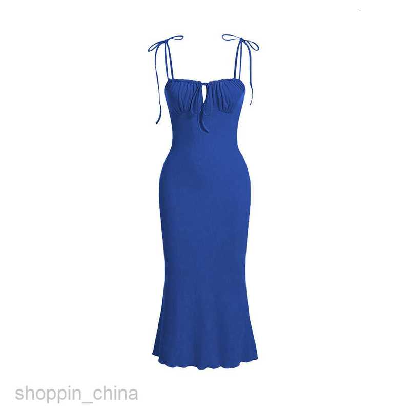 Basic Casual Women Dresses New Sexy Drawstring Tied Slim Bag Hip Fishtail Long Dress Hanging Strap Style Dress
