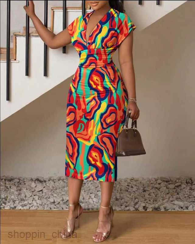 Two Piece Dress Sets Summer New Women's Printed V-neck Long Dress Waist Wrapped Hip Dress