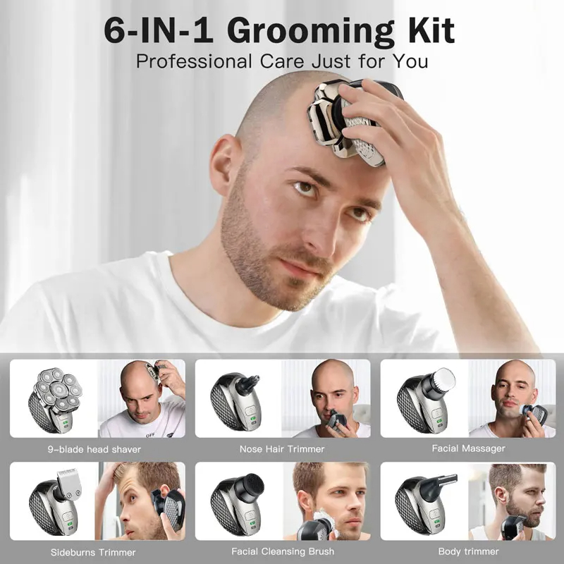 Automatic Men's Bald Head Electric Shaver 9 Blades Floating 6In1 Heads Beard Nose Ear Hair Trimmer Clipper Facial Brush Rechargeable X251208