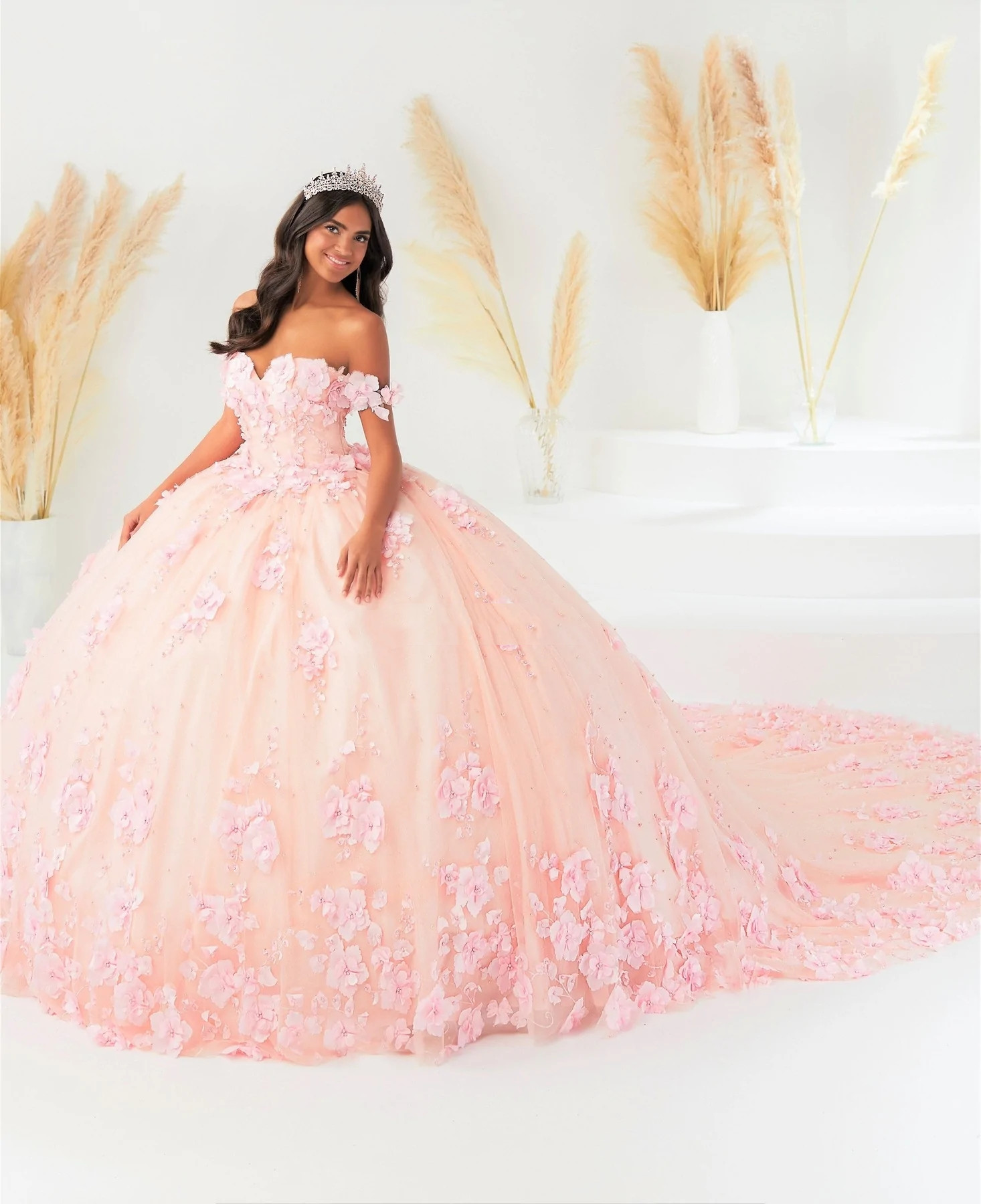 Pink Mexican Quinceanera Dresses Ball Gown Off The Shoulder Tulle Floral Pearls Puffy Charro Sweet 16 Dresses 15 Anos