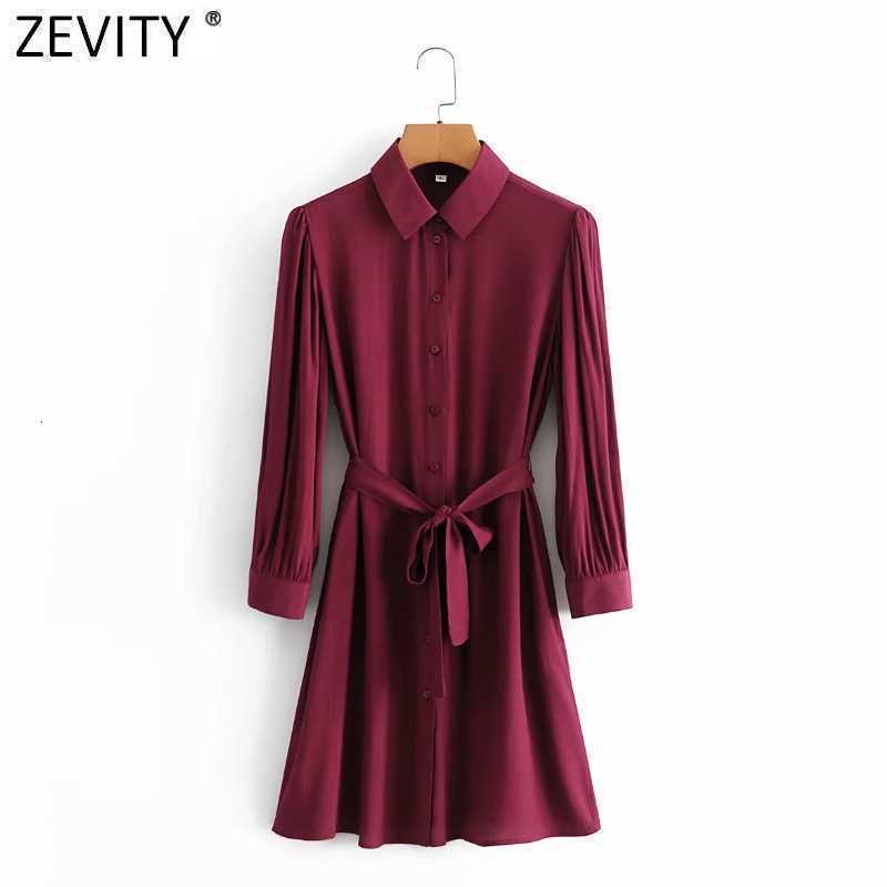 Zevity Women Vintage Solid Color Breasted Sashes Shirt Dress Office Ladies Three Quarter Sleeve Chic Business Vestido DS4758 210603
