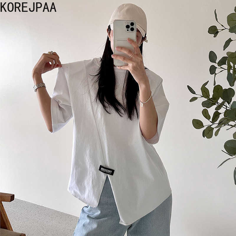Korejpaa Women T-Shirt Summer Korean Chic All-Match Round Neck Loose Irregular Short-Sleeved Small Patches Decoration Tops 210526