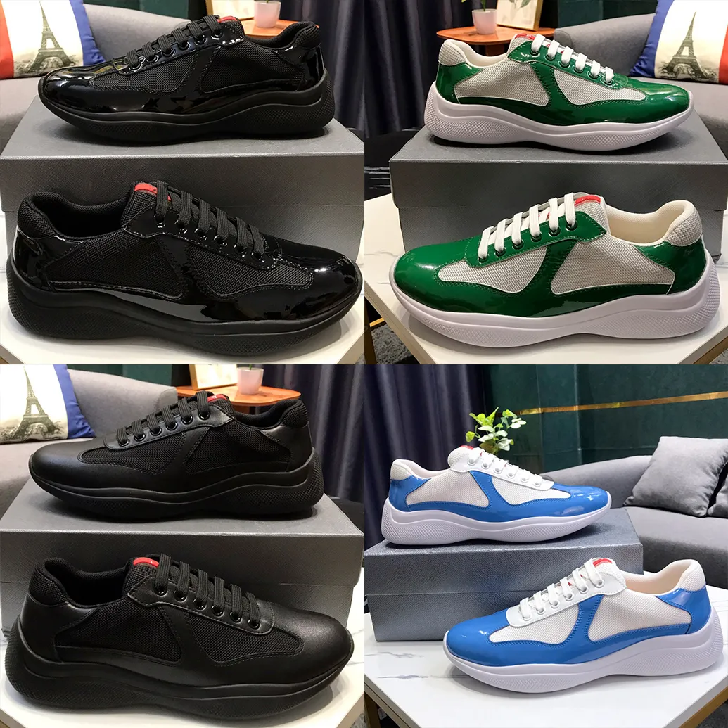 Luxury shoes designer men trainers atent leather fabric sneakers america cup lace up casual shoe black green white red blue sizes 38-45