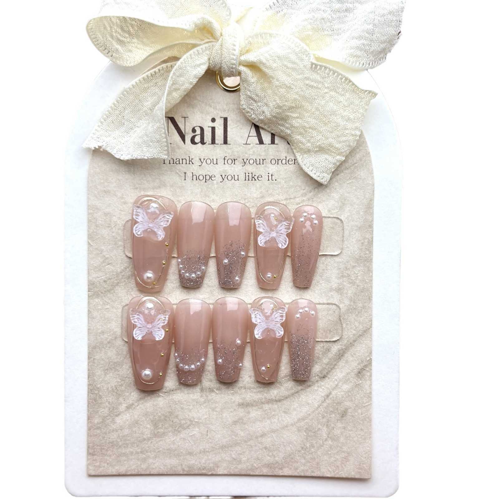 Girls False Nails Fairy Bow Handmade Wearable Nail Mesh Red Charm Showcase White Mid length Wearable Nail Panel 240530