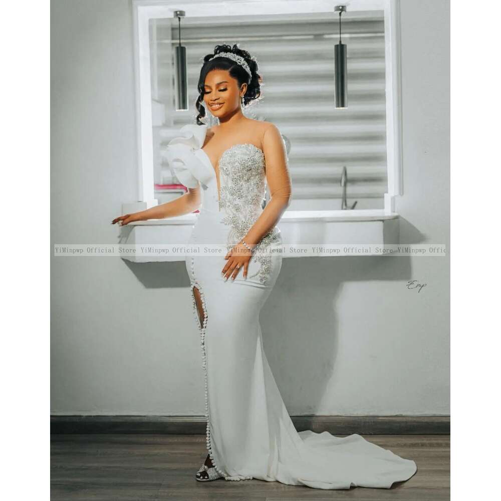 Nigeria Rhinestone Mermaid Dresses for Bride Sheer Neck Long Sleeve Side Split Ruffles Button Wedding Reception Gowns