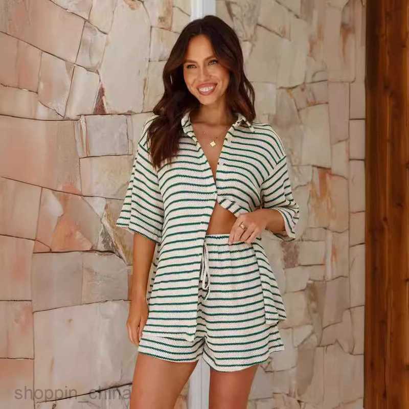 Women's Tracksuits Women's casual two-piece set 5/4 sleeves striped shirt top comfortable and loose fitting shorts set Sets
