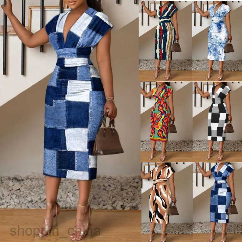 Two Piece Dress Sets Summer New Women's Printed V-neck Long Dress Waist Wrapped Hip Dress
