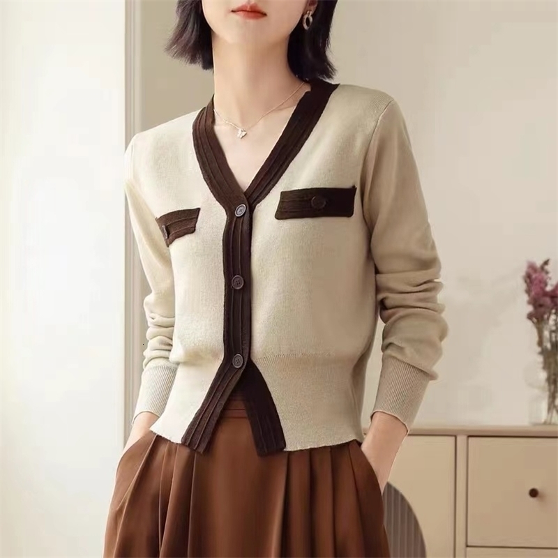 Womens Sweaters Korean Fashion Knitted Cardigan Women Autumn Contrast Color Vneck Long Sleeve Single Breasted Sweater Tops Office Lady 220906