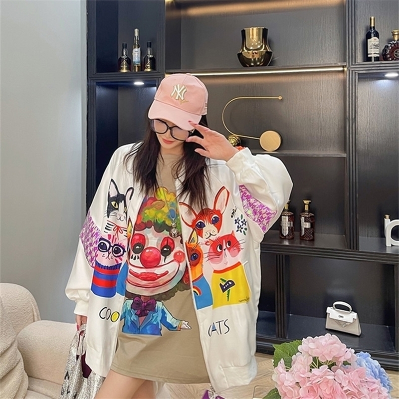 Womens Jackets Cartoon Sequins Bomb Jacket For Girls Kawaii Batwing Sleeve Outfit Casual Loose Windbreaker Teensage Tops 220901